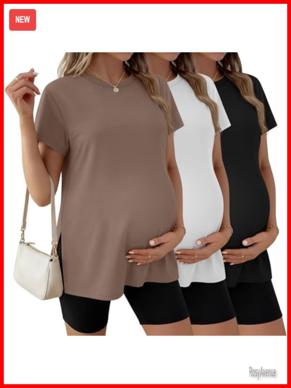 3 Pack Maternity T-Shirts Side Split Crew Neck Short Sleeve Casual Pregnancy